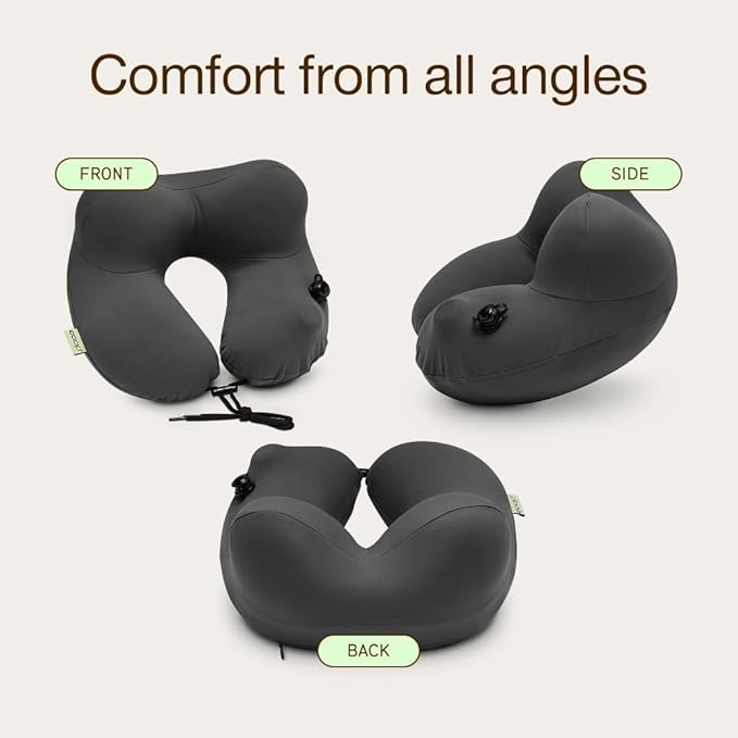 Coop Home Goods AirJustable Travel Neck Pillow, Inflatable, Adjustable Support for Neck & Chin, Compact Travel Pillow, Soft Memory Foam Comfort, Airplane Travel Essentials, Cooling & Washable Cover