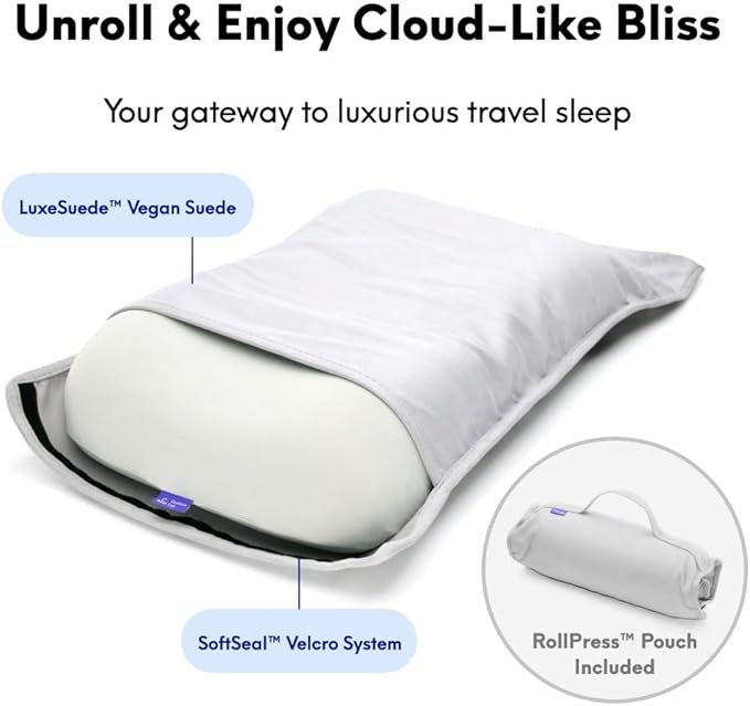 Cushion Lab Travel Deep Sleep Pillow – Compact Memory Foam Neck Pillow for Sleeping, Portable Pillow for Hotels, Camping, Side & Back Sleepers, On-The-Go – Calm Grey