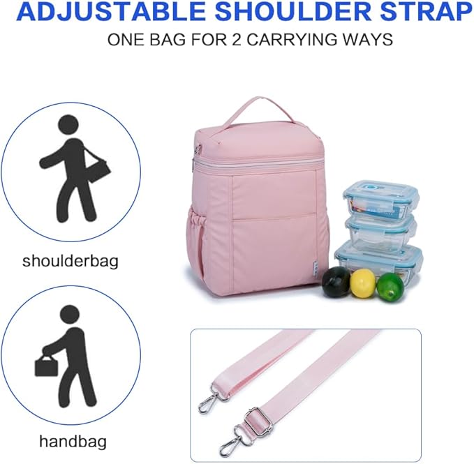 NOL Natural Organic Lifestyle Insulated Lunch Bags for Women Cooler Bag Lightweight Nylon Waterproof Lunch Box For Work (Pink, Large)