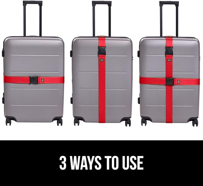 GORILLA GRIP Heavy Duty 8 Pack Adjustable Luggage Straps for Suitcases, Easy to Identify Travel Belt Connector Holds Suitcase Together, Extends Life of Bag, Strap Connects Two Bags, Accessories Red