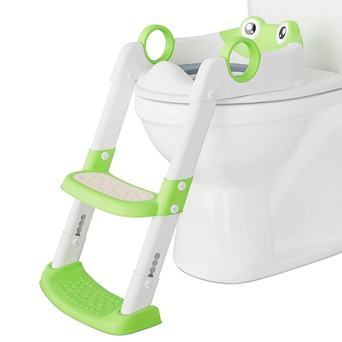 Potty Training Seat with Step Stool Ladder, Toddler Toilet Seat with PU Cushion, Adjustable 5-Level Height, Foldable Potty Training Toilet for Kids Boys Girls, Anti-Slip Pads Ladder