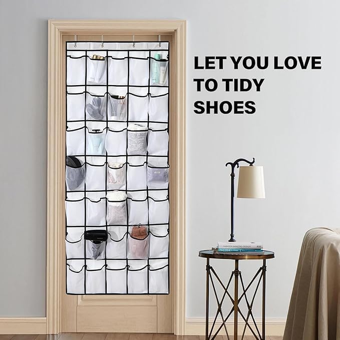 28 Mesh Pockets Hanging Shoe Organizer, Over the Door Shoe Organizer，Closet Storage Holder for Back of Door Storage Holder for Back of Door(White)