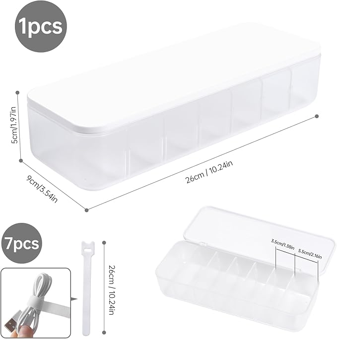 Cable Organizer Storage Box with 7 Wire Ties,Desktop Cable Management Box with Lid,Power Cord Organizer with 7 Compartments for Office,Home,Desk Accessories Storage Stationery Supplies White