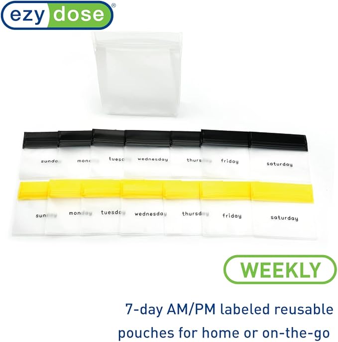 EZY DOSE Reusable 7-Day AM/PM Pill Pouch Set, Durable Multi-Purpose Travel-Sized Containers, Days of The Week Labels with Color for Easy Identification, Large Storage, Clear, BPA Free, TSA Approved