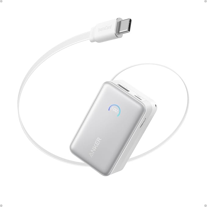 Anker Nano Power Bank, 10,000mAh Portable Charger with 2.3 ft InstaCord Retractable Cable, 45W Max Compact Battery Pack, Smart Display, for iPhone 16/17 Series, iPad, Galaxy, Pixel, and More