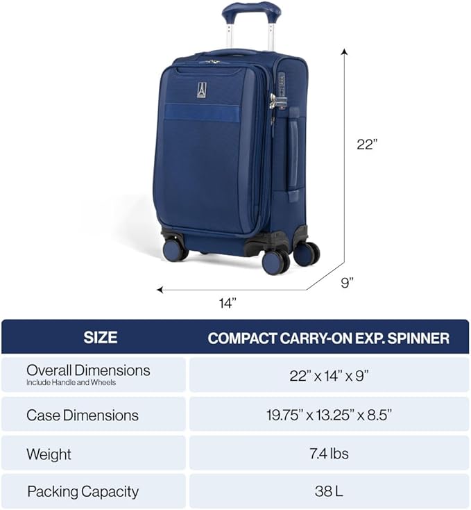 Travelpro VersaPack+ Lightweight Softside Expandable Carry on Luggage, 8 Spinner Suitcase, TSA Lock, Men and Women, Compact Carry On 20-Inch, Estate Blue
