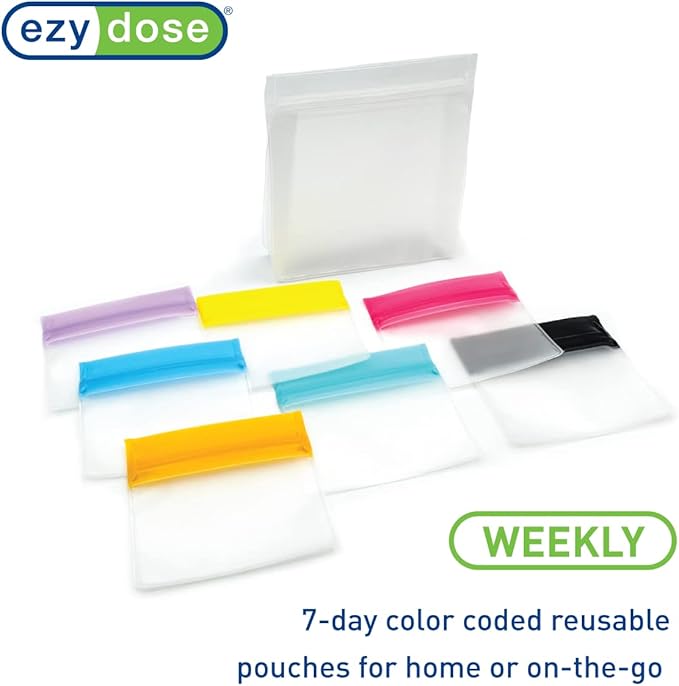 EZY DOSE Reusable 7-Day Pill Pouch Set, Durable Multi-Purpose Travel-Sized Containers, Includes Colors for Easy Identification, Large Storage, Clear, BPA Free, TSA Approved