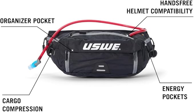 USWE Zulo Hydration Hip Pack - with Organizer and Side Pockets, Bounce Free Hip Belt (Carbon Black, 6L)