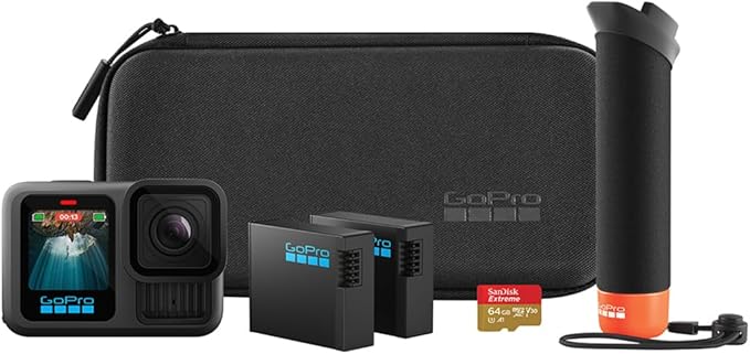 GoPro HERO13 Black Accessory Bundle - Includes The Handler, 2 Enduro Batteries, 2 Curved Adhesive Mounts, 64GB SanDisk MicroSD Card, and Carrying Case, Head Strap & Card Reader