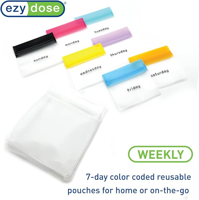 EZY DOSE Reusable 7-Day Pill Pouch Set, Durable Multi-Purpose Travel-Sized Baggies, Includes Days of The Week Labels w/Color for Easy Identification, Silicone Storage, Clear, BPA Free, TSA Approved