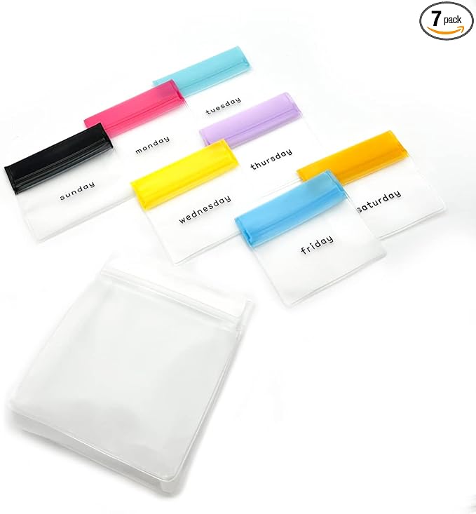 EZY DOSE Reusable 7-Day Pill Pouch Set, Durable Multi-Purpose Travel-Sized Baggies, Includes Days of The Week Labels w/Color for Easy Identification, Silicone Storage, Clear, BPA Free, TSA Approved
