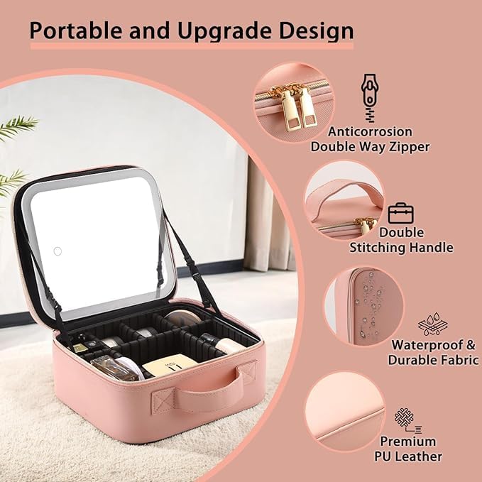 Makeup Bag with Led Mirror,Travel Makeup Organizer with 3 Color Setting & 10X Magnifying Mirror, Portable Storage and Adjustable Dividers Travel Makeup Bag-pink