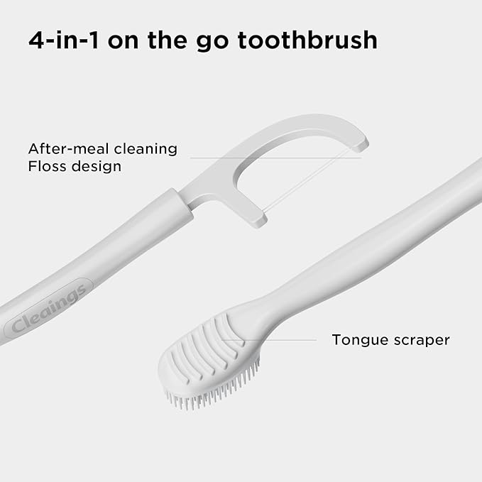 cleaings® Disposable Toothbrushes with Toothpaste - 4-in-1 Mini Travel Toothbrushes, Built-in Tongue Scraper, Floss & Picks for On-The-Go, Camping, Work (Extra Strong Mint)