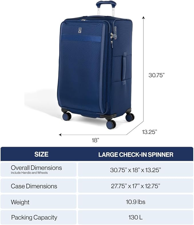 Travelpro VersaPack+ Lightweight Softside Expandable Checked Luggage, 8 Spinner Suitcase, TSA Lock, Men and Women, Checked Large 29-Inch, Elemental Blue