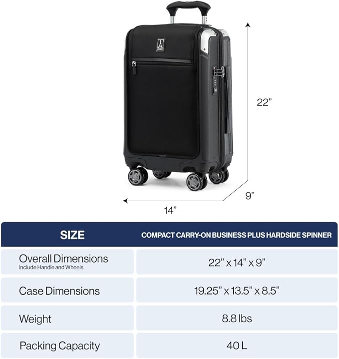 Travelpro Platinum Elite Hardside Expandable Carry on Luggage, 8 Wheel Spinner, TSA Lock, Hard Shell Polycarbonate Suitcase, Shadow Black, Compact Carry on Laptop Pocket 20-Inch