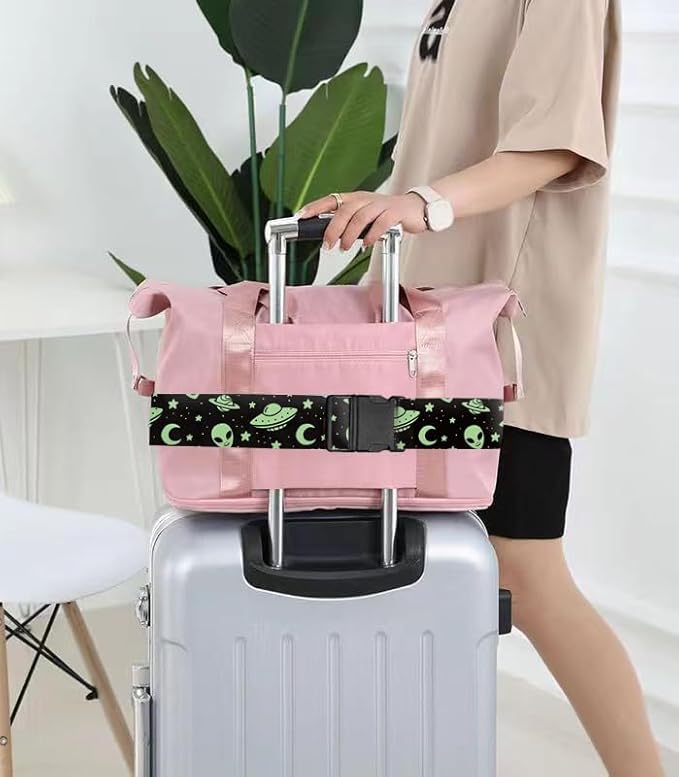 Luggage Straps for Suitcases Travel Belt Accessories, Cute Suitcase Strap, Adjustable Luggage Belt Strap, Heavy Duty with Quick-Release Buckle Luggage Strap Cute Green Aliens