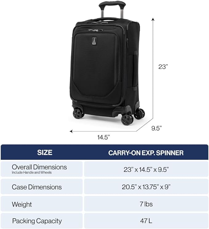 Travelpro Crew Classic Lightweight Softside Expandable Carry on Luggage, 8 Wheel Spinner Suitcase, Men and Women, Carry On 21-Inch, Black