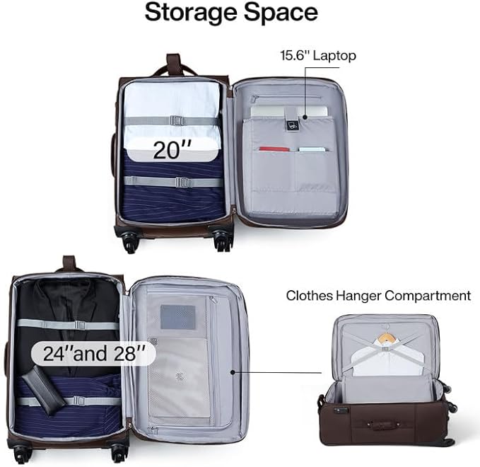 Hanke 20 Inch Softside Expandable Carry On Luggage with Spinner Wheels, Rolling Suitcase Travel Luggage with TSA Approved Luggage,Coffee