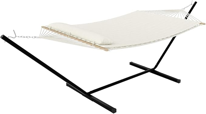 Double Hammock with Stand for 2 Persons Outdoor,Heavy Duty 450lb Capacity,with Portable Steel Frame,Cotton Rope,Polyester Pad and Carry Bag,Perfect for Garden Camping Beach Backyard Patio