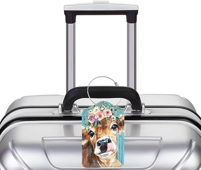 2 Pack Luggage Tag for Suitcase, Cute Unique Leather Bag Tags Identifiers Privacy Cover ID Label with Durable Steel Loop for Women Men Kids Girls Travel, Cattle