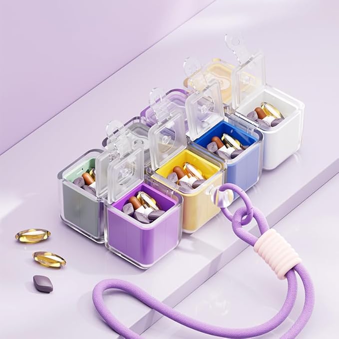 Travel Pill Organizer,Magnetic Cube Cute Pill Box,Pill Compact with 8 Compartment,Vitamin Cases Organizers 7 Day for Vitamins & Supplements (Purple)