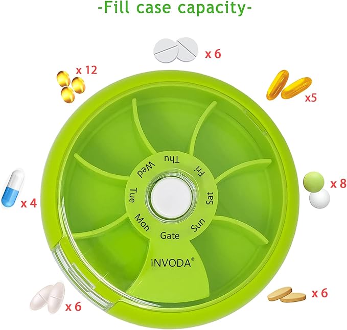 INVODA Weekly Pill Organizer 7 Compartment Rotating Pill Box for Daily Medication & Vitamins - Portable Travel Pill Case Fish Oil Supplements Vitamins Organizer (Green+Bag)