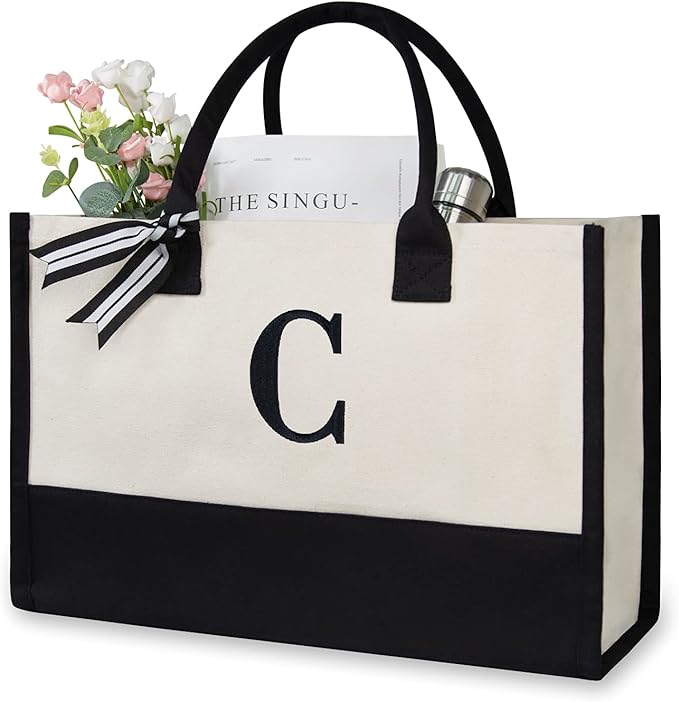 TOPDesign Embroidery Initial Canvas Tote Bag, Personalized Present Bag, Suitable for Wedding, Birthday, Beach, Holiday, is a Great Gift for Women, Mom, Teachers, Friends, Bridesmaids (Letter C)