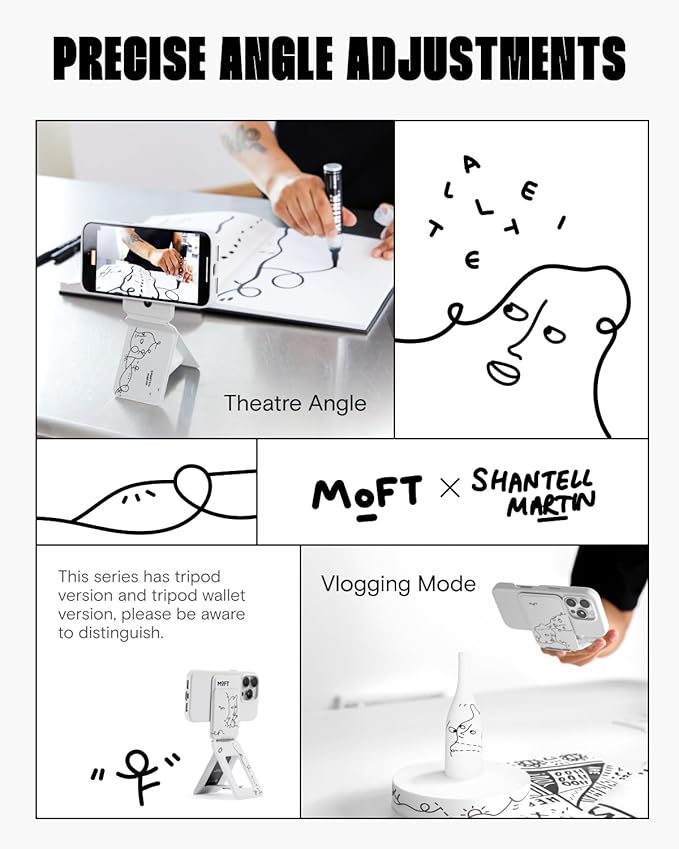 MOFT x Shantell Martin Phone Tripod Wallet for iPhone, Mulit-Angles, Lightweight & Portable Phone Stand, MOVAS Vegan Leather Phone Wallet, Strong Magnets, NFC Card Holder, Misty Cove (with Card Slot)