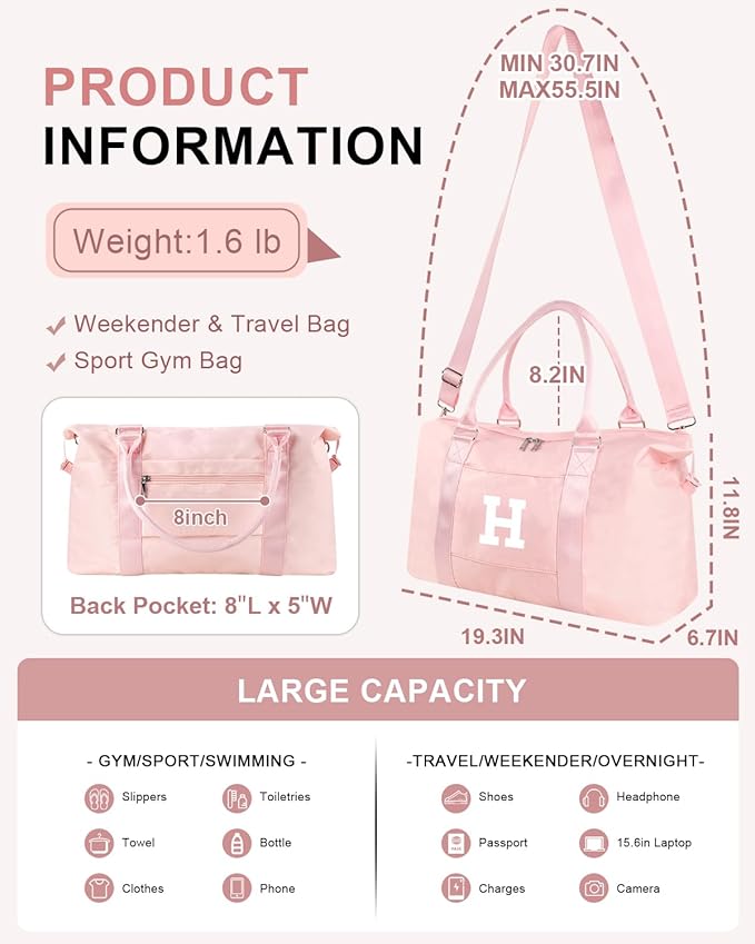 Initial Travel Duffel Bag Sports Gym Bag for Girls Teen Birthday Gifts,Pink Personalized Weekender Bag Carry On Tote Bags for Women Men,Waterproof Overnight Luggage Bag with Trolley Sleeve(Letter H)