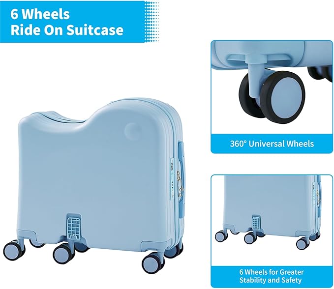 TABU Ride-on Luggage with Handbag for Kids，Hardshell Carry On Suitcase with Hidden Cup Holder, Foldable Pedal,Type-C & USB Interface, TSA Lock, 6-Spinner Wheels, Blue
