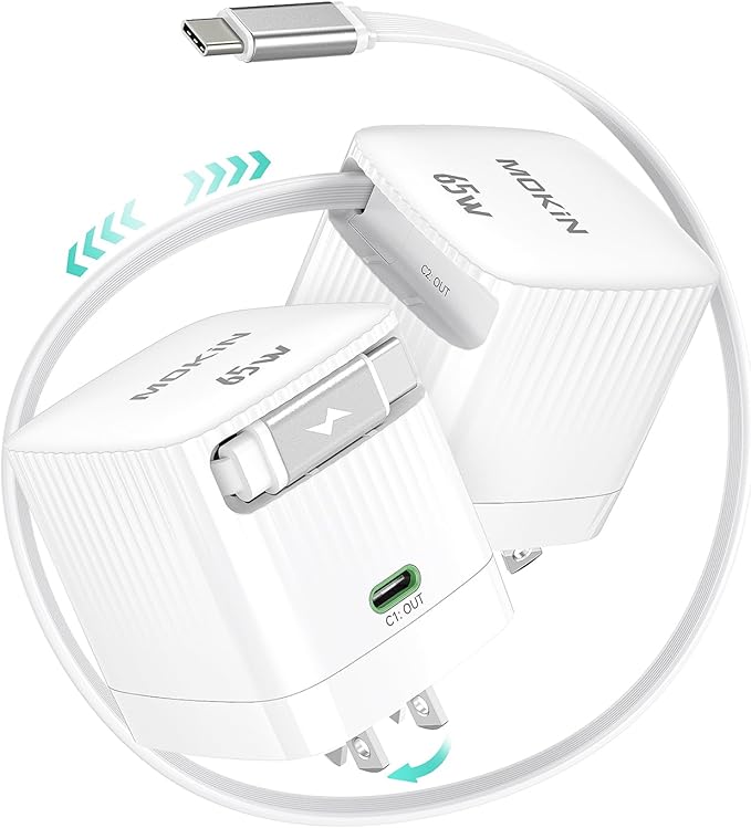 Retractable Wall Charger, 65W PD Fast USB C Charger Block with Retractable Type-C Cable, Travel Fast Charging Adapter with Foldable Plug for iPhone 16/15, MacBook Air, iPad Pro, Samsung, Pixel