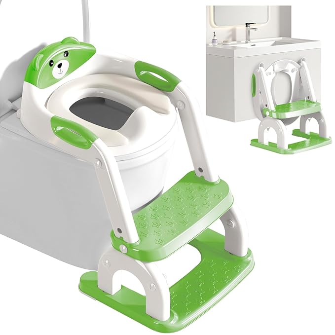 Potty Training Seat for Toddlers - Upgrade 2-in-1 Toilet Seat Toilet Ladder for Kids Children Boys Girls, Anti-Slip Pad & Adjustable Height with Waterproof PVC Cushion - Green