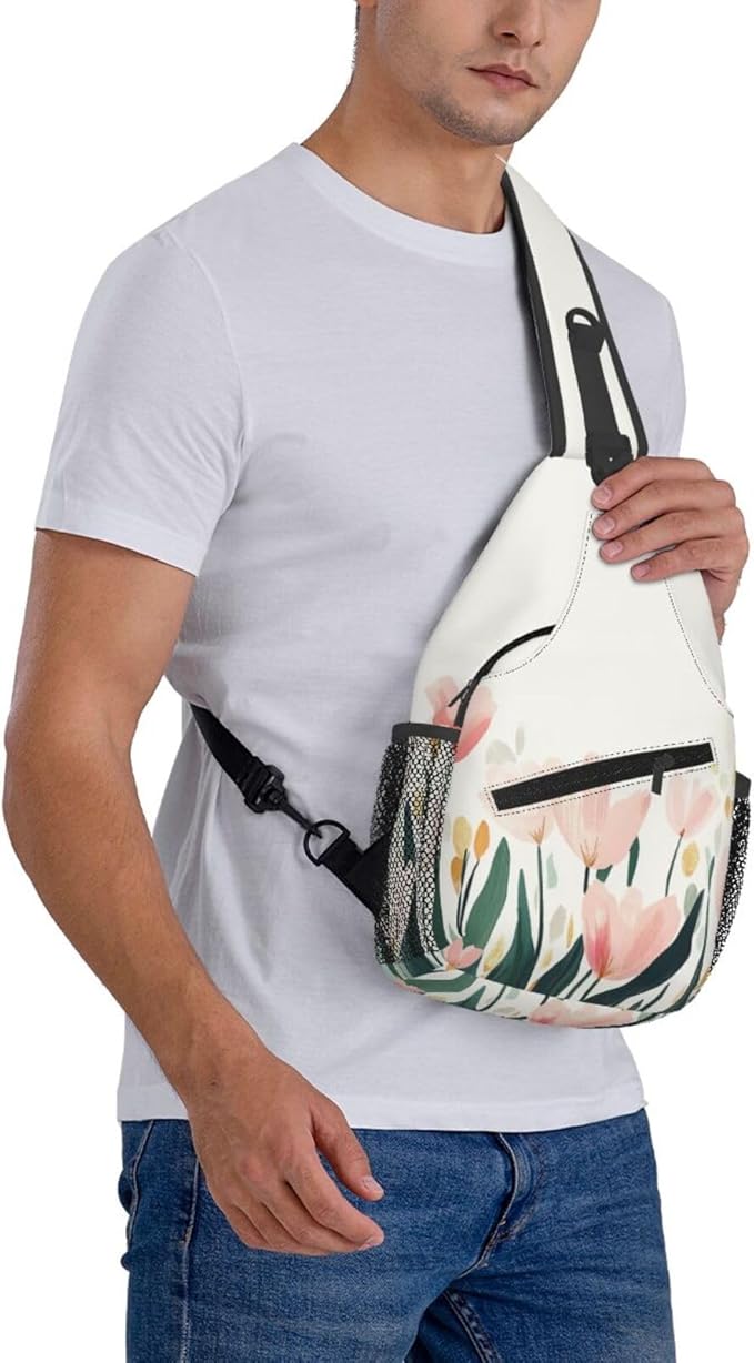 SUPLUCHOM Sling Bag Tulip Flower Watercolor Hiking Daypack Crossbody Shoulder Backpack Travel Chest Pack for Men Women