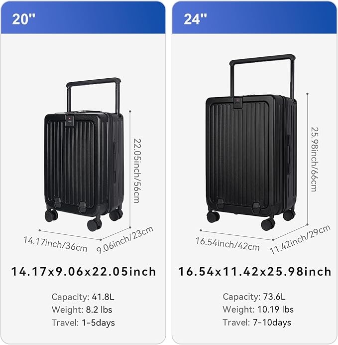SOKOK Front Pocket Luggage with Spinner Wheels, 24'' Wide Handle Travel Suitcase PC Hardshell Multifunctional Luggage with Charging Port and Cup Holder, Black