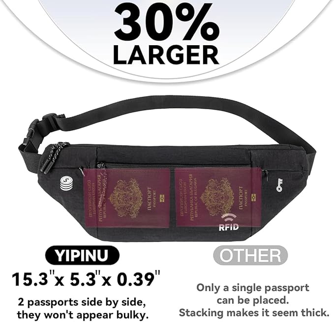 Travel Money Belt for Men and Women hidden slim passport holder - travel wallet with RFID blocking under clothes to protect Cash, Credit Cards and Documents (BLACK)