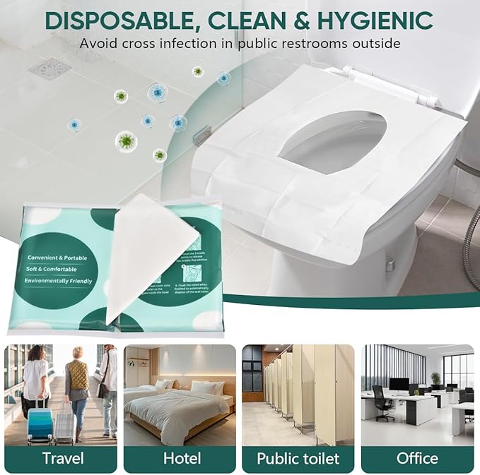 60 Pcs Disposable Flushable Paper Toilet Seat Covers Travel Supplies Essentials for Airplane, Public Restrooms, Bathroom, Hotels, Camping, Kids or Adults
