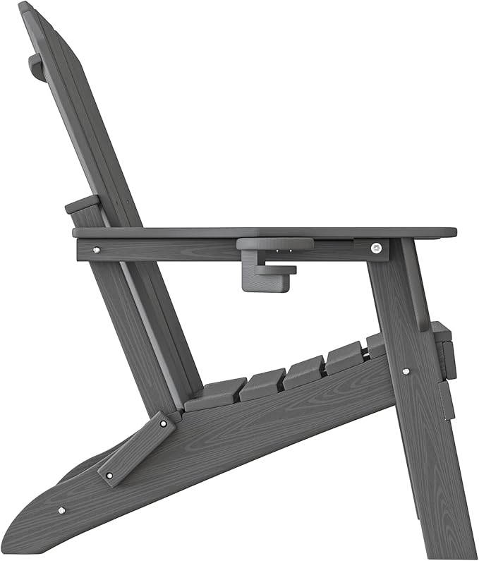 Folding Adirondack Chair - Extended Ergonomic Backrest, Cup Holder - Easy Assembly - Durable HDPE Plastic, Weather Resistant & Maintenance-Free - Lawn, Patio, Deck Supports 380lbs Grey