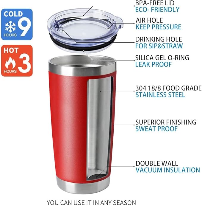 HASLE OUTFITTERS 20oz Tumblers Stainless Steel Mugs with Lid Double Wall Vacuum Insulated Coffee Cups for Cold & Hot Drinks (20oz-Red, 12 Pack)