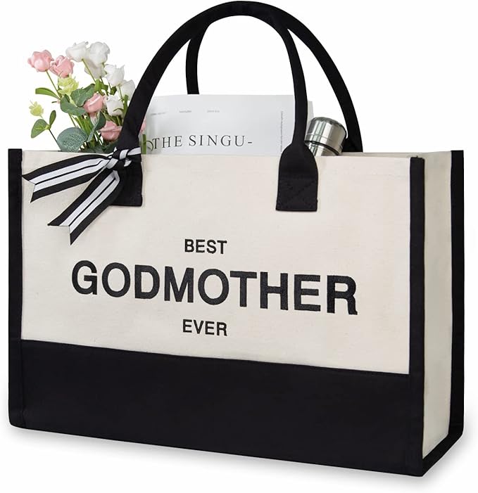 TOPDesign Embroidery Canvas Tote Bag for Women, Godmother Gifts from Godchild Goddaughter Godson, New Godmother Announcement Proposal Gifts, Personalized Bag for Beach, Holiday