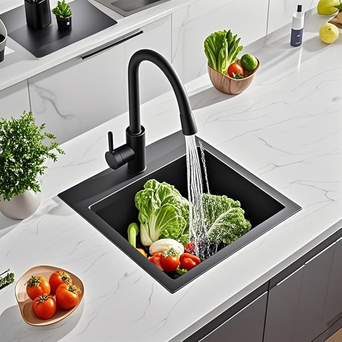 ARTLINE 15 x 17 Inch Black Drop in Bar Sink, Stainless Steel Single Bowl Kitchen Sink, Small Topmount 9 Inch Deep Wet Bar sink for Outdoor Prep RV Yard Laundry Utility with Dish Grid & Drain
