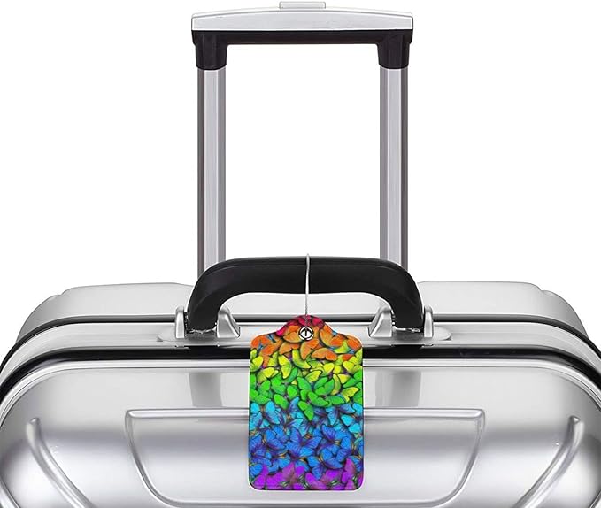 2 Pack Luggage Tag for Suitcases, Colorful Backpack Tag with Beautiful Butterflies Pattern Leather Suitcase Tags Identifiers with Privacy Name Address Labels & Durable Steel Loop for Women Men Travel