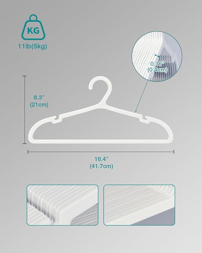 50 Pack Clothes Hangers, Non Slip Plastic Coat Hangers, Space Saving Hangers, Heavy Duty, Hanging Dry Wet Clothes, 16.4" x 8.3", White, UAPY0550W