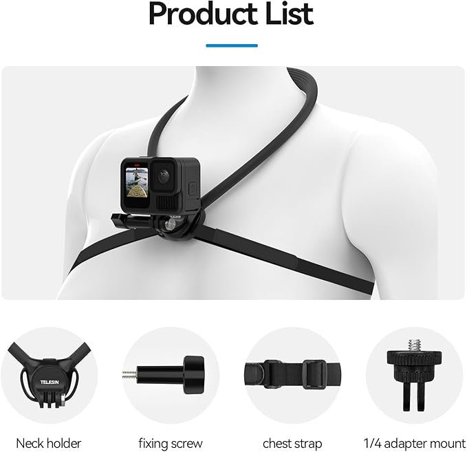 TELESIN Neck Mount SE 2.0 with Air Cushion, Adjustable Chest Strap and Neck Mount for Hands-Free POV Vlogging for GoPro Hero 13/12/11/10/9, Insta 360 X5/X4/X3/Ace Pro 2, DJI Osmo 360 Action 3/4/5 Pro