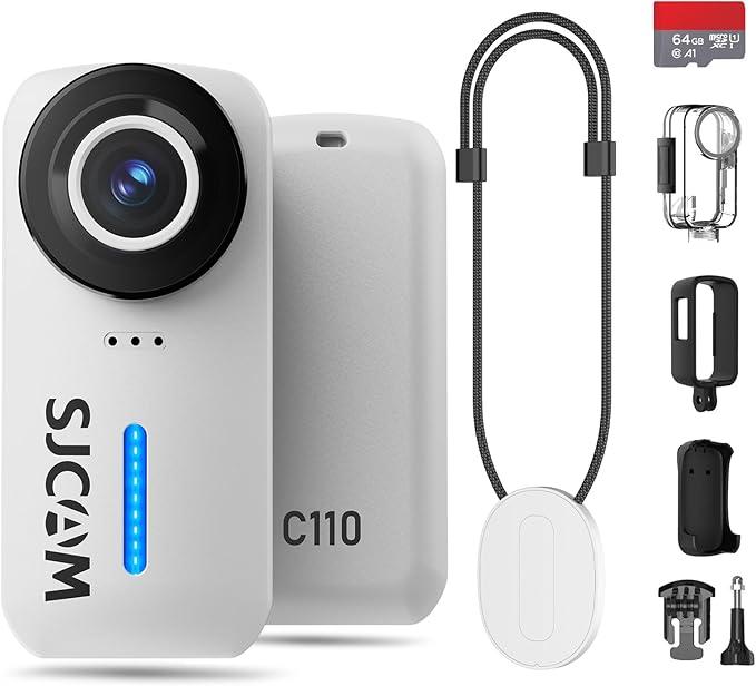 SJCAM 4K Pocket Cam, Tiny Action Camera, Mini Stabilized Body Camera & Portable POV, Waterproof, Wearable, Built-in Spkr & Mic for Vlogging, Helmet & Chest Mountable, White