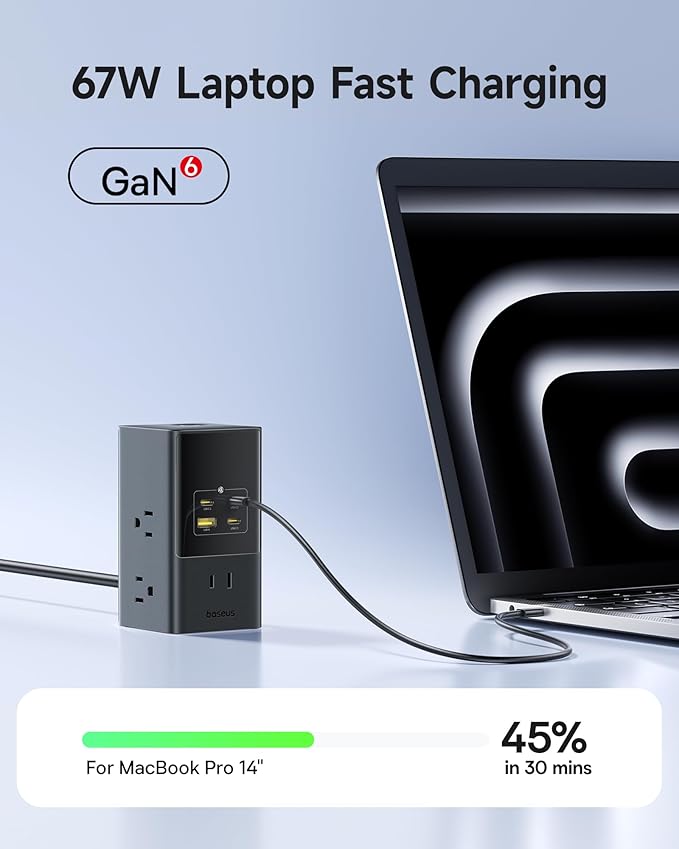 Baseus Charging Station 67W, 10-in-1 USB-C PD Fast Charging Desktop Charger with 1200J Surge Protection, 5ft Extension Cord, 6 AC, 3 USBC, 1 USBA Ports for iPhone 16/15, MacBook, Tablet, Desktop