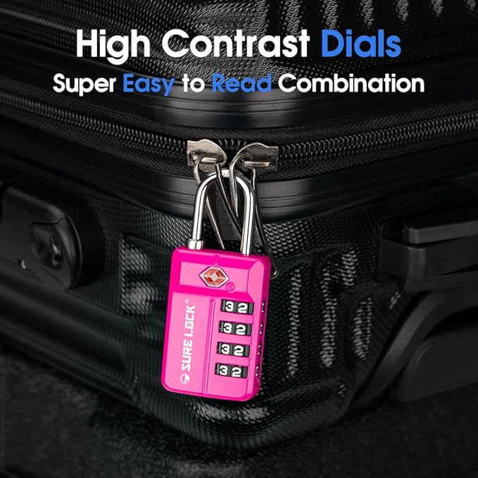 SURE LOCK TSA-Approved 4-Digit Resettable Combination Lock with Open Alert, Easy-Read Dials - for Luggage, School Lockers, Gym, Office, Toolbox & Security Cases (Pink 4 Pack)