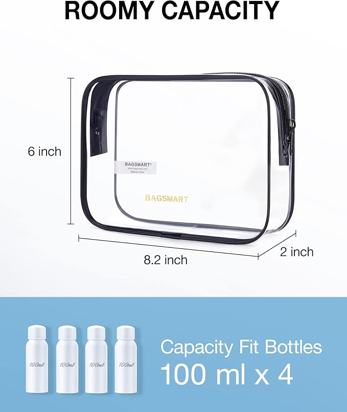 BAGSMART Clear Toiletry Bag, 2 Packs TSA Approved Water resistant Quart Size Travel Organizer, Airport Airline Travel Essential Carry On Makeup Cosmetic Bags for Women, Black