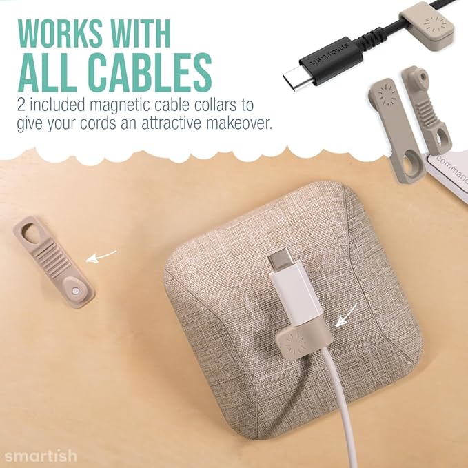 Smartish® Magnetic Cord Holder - Cable Wrangler Organizer with Magnet Clips for Charger Management on Desktop, Nightstand, or Side Table for All Cables, USB-C, Lightning Cables - Lightly Toasted Beige
