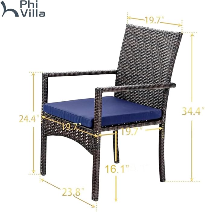 PHI VILLA Outdoor Rattan Dining Chairs Set of 6, Modern Wicker Armchair with Cushions for Patio, Deck, Yard, Porch - Brown