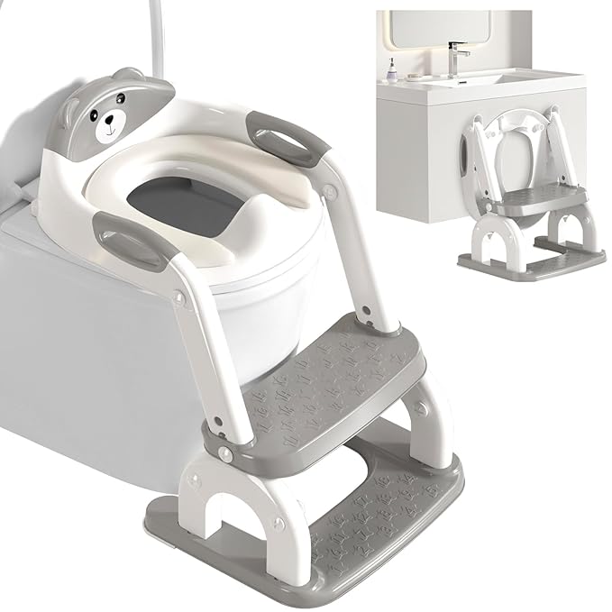 Potty Training Seat for Toddlers - Upgrade 2-in-1 Toilet Seat Toilet Ladder for Kids Children Boys Girls, Anti-Slip Pad & Adjustable Height with Waterproof PVC Cushion - Grey